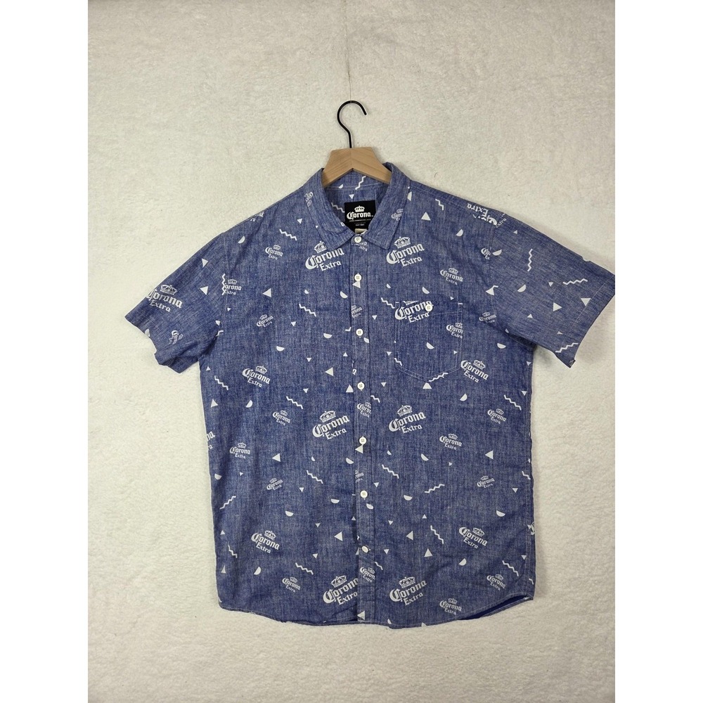 Corona Extra Mens XL Blue Cotton‎ All Over Print Short Sleeve Button Down Shirt